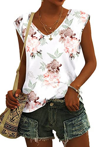 GeGekoko T-shirt à manches courtes pour femme - Col en V - Manches ailées - Hauts d'été décontractés - Débardeur basique pour fille, Couleur des fleurs : 1, M