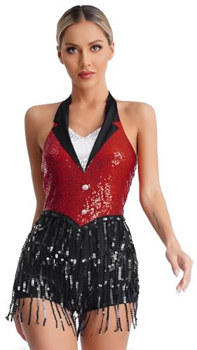 iiniim Damen Latein Tanzkleid Glitzer Ballettkleid Pailletten Fransen Jumpsuit Overall Jazz Tanzkleidung Ballsaal Show Performance Tanzkostüm Rot M