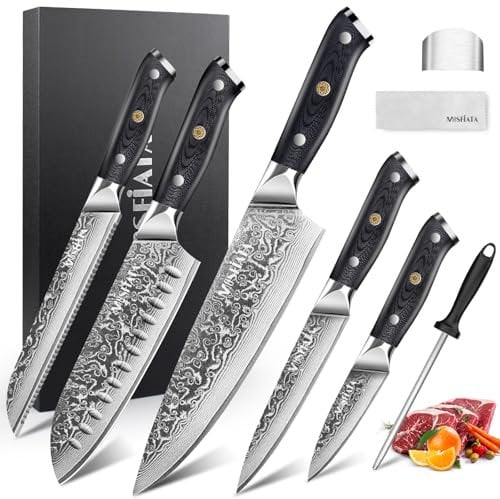 MOSFiATA Damastmesser Set - 5-teiliges Küchenmesserset aus VG10 Stahl - Inklusive Kochmesser, Santokumesser, Brotmesser, Allzweckmesser und Obstmesser - Hochwertige Geschenkbox