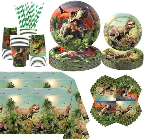 Obussgar Dinosaur Birthday Party Decorations - Dinosaur Party Supplies Including Plate, Cup, Napkin, Straw, Tablecloth - Serves 40