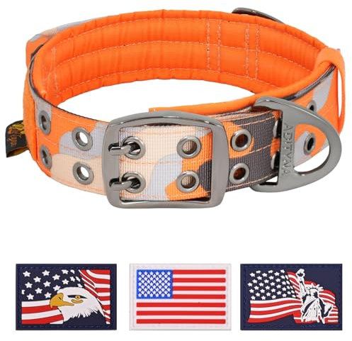 ADITYNA Strapazierfähiges Hundehalsband für mittelgroße Hunde, Camouflage-Orange mit Griff für Training und Spazierengehen, breit, dick, taktisch, weiches Neopren gepolstert