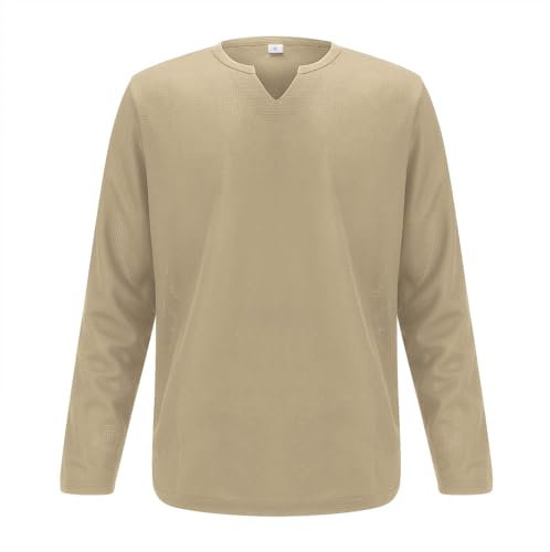 Lässiges T-Shirt für Herren 2024, modisches Oberteil, Herrenmode, Frühling, Sommer, lässig, langärmelig, V-Ausschnitt, einfarbig, kariert, langärmelig, T-Shirt, Top, Herbstmode, khaki, XXL