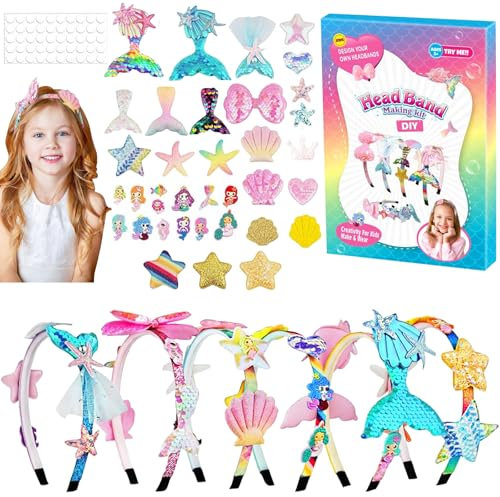 XIEXIESHER Haarreifen Bastelset Kinder, Meerjungfrau DIY Haarreifen Mädchen, 6 Stück, 5-12 Jahre, 6 Stirnbänder, 6 dekorative Streifen, 36 Deko-Anhänger, 50 Punkt-Kleber