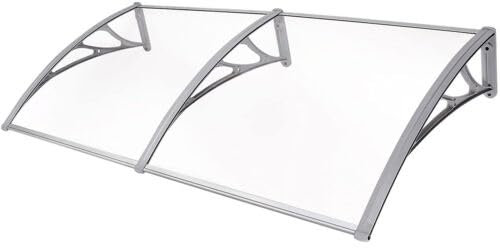 White Front Door Canopy, Outdoor Awning Shelter Window Rain Roof Cover with Polycarbonate Roofing Sheets Aluminium Frame Curved Shape 200 * 96.5 * 27.5cm, for Doors Shop Windows