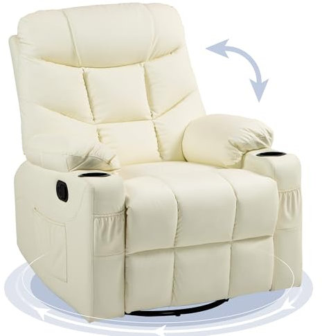 HOMCOM Recliner Armchair, Swivel PU Leather Manual Reclining Chair with Adjustable Leg Rest, Drink Holders, Side Pockets, Rocker Chair for Home Living Room, Cream White
