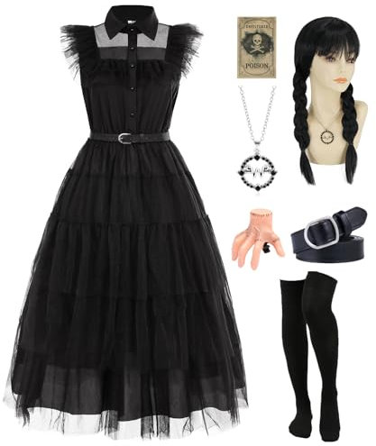 Wednesday Kostüm Damen Schwarzes Gotisch Kleid Kostüm Erwachsener Mittwoch Familie Cosplay Kleider mit Aufkleber Perücke Socken Perückenkappe Karnevals Kostüme Outfit für Fasching Halloween UX003S