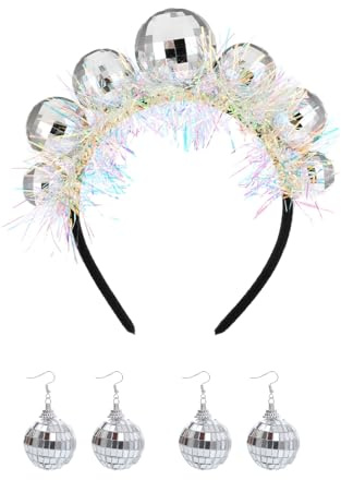 1 Stück Discokugel Haarreif 2 Paar Discokugel Ohrringe, Disco Accessoires Damen Mirror Ball Ohrringe, Haarreif Disco mit Farbigem Silberfaden für 70er 80er Jahre Disco Party Kostümzubehör