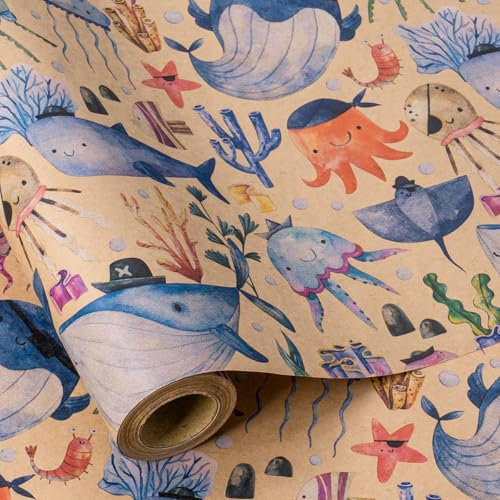 RUSPEPA Kraftpapier Roll.Mini Roll mit Marine Organism Muster Ideal für Kinder Geburtstag, Party und jede Gelegenheit mit 43.2cm x 5m