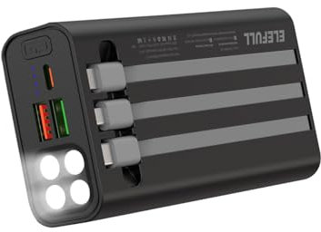 Powerbank 26800 mAh mit eingebautem Kabel, Schnellladung, QC3.0 22,5 W & USB C PD20 W, USB-C-Akku mit LED-Taschenlampe, tragbares Ladegerät, für Smartphone, Smartwatch, Tablet, Kamera
