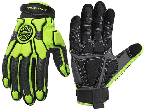 HANDLANDY Anti-Vibrations-Handschuhe Männer Stoßfeste Arbeitshandschuhe, gepolsterte Handfläche Grip Heavy Duty Arbeitshandschuhe (Hi-vis Grün, L)