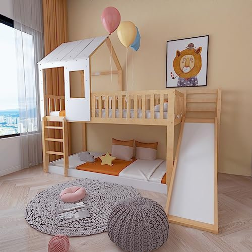 Moimhear Litera con tobogán, Cama-casita con Techo y Ventana, Cama Infantil con protección anticaídas y barrotes, Estructura de Pino (Color Madera+Blanco, 90x200cm)