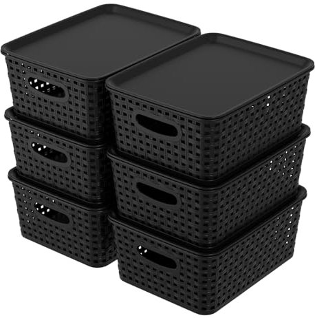 Begale Set of 6 Plastic Storage Baskets with Lids, Plastic Woven Storage Basket Bins, Stackable Lidded Storage Bins for Bathroom, Classroom, Black