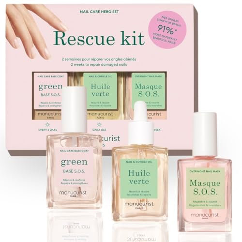 Manucurist Rescue Kit - Nail Care Kit - Nail Repair for Damaged Nails : 1 Strengthening Base Coat, 1 Night Mask for Nails, 1 Nail Cuticle Oil - Nail Strengthener For Damaged Nails - Nail Growth