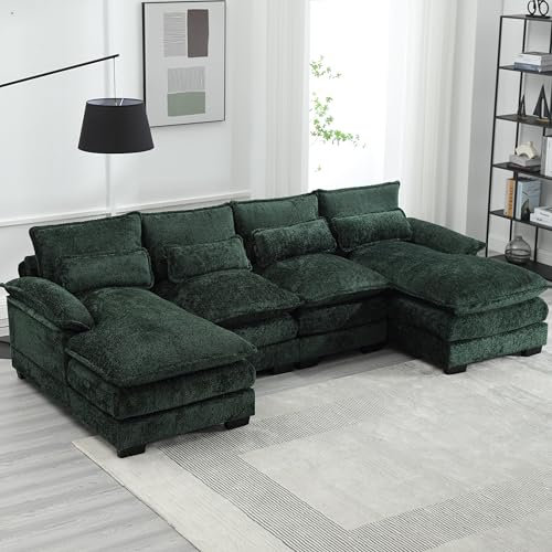 LIFEISLE U-Form Sofa Couch mit Doppel Chaiselongue, Wohnzimmer Modernes Sofa mit Verdicktes Doppel-Sitzkissen und Lendenwirbelstützekissen, Chenille Grün