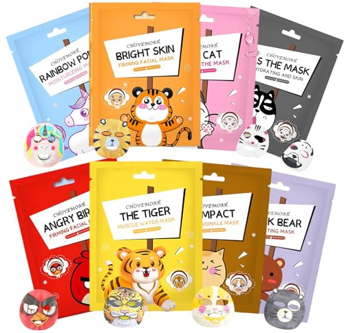 8 Piezas Mascarilla Facial Niña, Mascarilla Hidratante de Animales