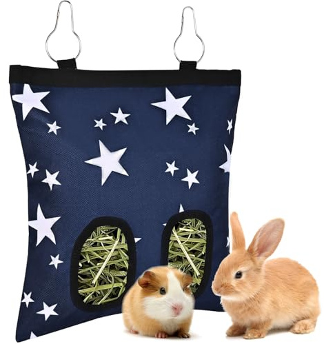 Upgraded Kaninchen Heu-Futterspender Tasche für Kaninchen, Meerschweinchen, Chinchillas - Hängend Waschbar 2-Loch Heuspender mit 600D Oxford Stoff Kleintierkäfig Zubehör (Blauer Stern)