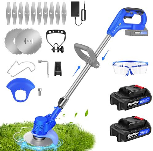 Debroussailleuse Electrique sans Fil，21V 1.5Ah Coupe Bordure avec 2 Batterie et Lames et Chargeur，avec 21 Accessoires，Coupe-Herbe Télescopique Réglable pour Jardin, Pelouse, Buissons,Bleu