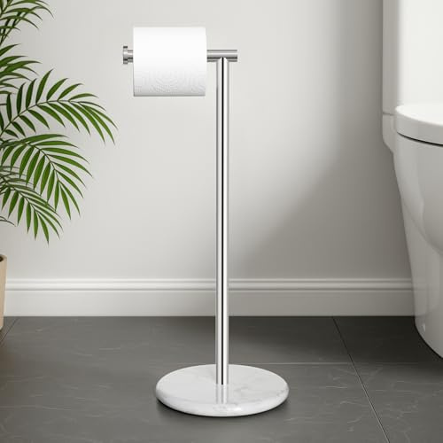 KES Chrome Free Standing Toilet Roll Holder with Natural Marble Base, Bathroom Floor Standing Toilet Paper Holder Toilet Roll Stand, 18/8 Stainless Steel Polished Finish, BPH284S1