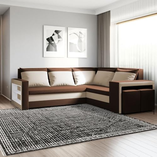 FORNIRO 24 Malabo L Ecksofa 220x202cm Braun Wohnzimmer Couch Schlafsofa | Mit Schlaffunktion & Bettkasten - L-Form - Kissen - Hocker - Stoff Basic | ausziehbar Gäste bequem Stauraum Design hochwertig