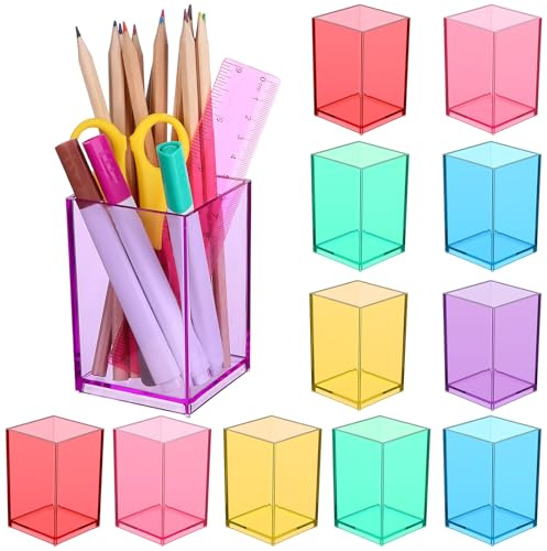12 Pcs Colored Acrylic Pen Holder Clear Square Acrylic Pencil Organizer Colored Acry-lic Pen Pot Transparent Makeup Brush Holder Pencil Storage Basket for School Home Office Supply Desk Accessory
