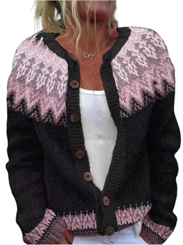 Cardigan Femme Pull de Noel Jacquard Femme Gilet Noël Hiver Chaud Cardigan en Tricot à Glissière Manches Longues Sweater Fair Isle Pull Veste Tricoté Chic