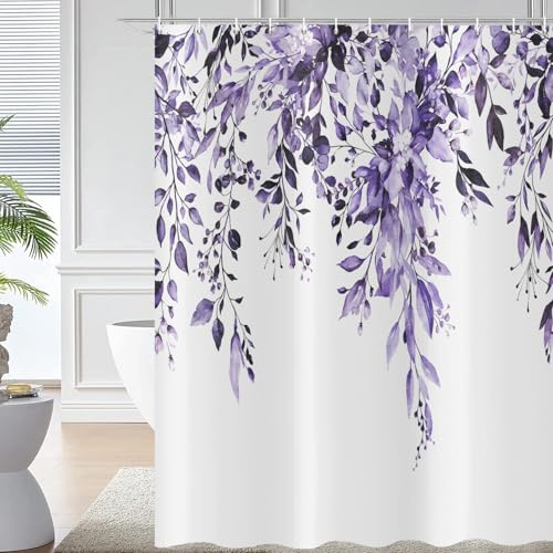 Hnmdmyi Tenda da doccia viola eucalipto 180x200, acquerello foglie vegetali con motivi floreali impermeabile in tessuto poliestere Lavabile Tenda da bagno per bagno con ganci