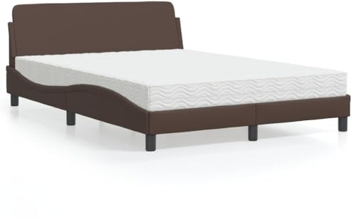 Yunovire Bett mit Matratze Dover Braun 140x200 cm, Kunstleder, Wellenform Design, Schlafzimmer Möbel, Modernes Polsterbett mit Schaumstoffmatratze