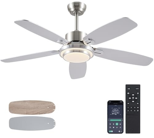 Kviflon 127 cm Deckenventilator mit Licht & Fernbedienung, Flach für niedrige Decken, Leiser DC Motor (Sommer- & Winter), LED 3-Farben Dimmbar, Energiesparender Deckenlüfter für Schlafzimmer, Silber