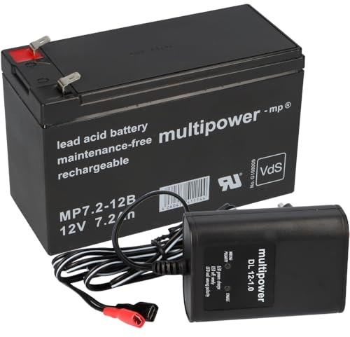 Multipower MP7,2-12B 12V Bleiakku 7,2Ah AGM VDs mit Ladegerät | DL12-1.0 Set, Faston 6,3mm, für USV Alarm Notlicht, 12V 1A Ladegerät