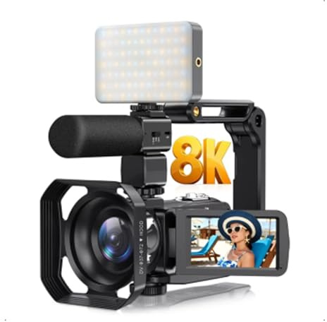 Tonysa Videocamera 8K Videocamera HD 64MP Zoom Digitale 18X Registratore con Touch Screen da 3,0 Pollici WiFi Stabilizzazione a 6 Assi per Vlogging Streaming Live