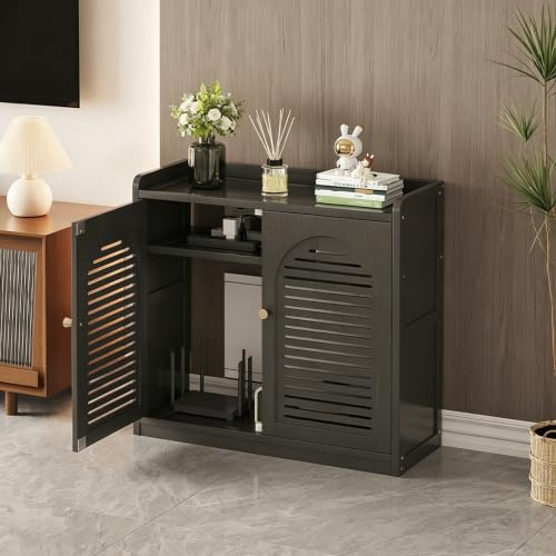 ZIGTUEI Mobiletto Per Router WiFi, Box A Scomparsa Con Ventilazione E Gestione Cavi, Organizer Multimediale In Bambù Per Ufficio E Soggiorno(Black,67cm/26.4in)