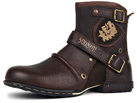 Herren Stiefel aus Leder Rindsleder mit Gummisohle Biker Motorrad Boots mit Reißverschluss Retro CD-5008-1-N, Braun US10(EU43)