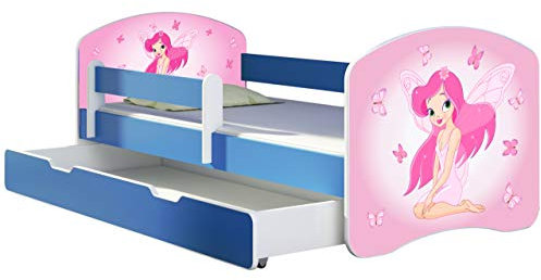ACMA Kinderbett Jugendbett mit Einer Schublade und Matratze Blau mit Rausfallschutz Lattenrost II 140x70 160x80 180x80 (07 Rosa Fee, 180x80 + Bettkasten)