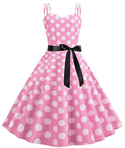 FYMNSI Femmes Vintage Rétro Imprimée à Pois Mi Longue Elégante Style 1950's Audrey Hepburn Robe de Soirée Cocktail sans Manches Année 50 Rockabilly Plissée Swing en Coton Rose S