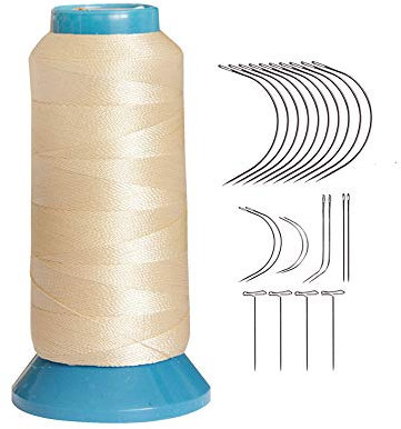 Bonded Sewing Thread Polyester Weaving Thread 1500 Yards 210D with 12pcs 9cm C Type Needles Curved Hair Needles (Beige)