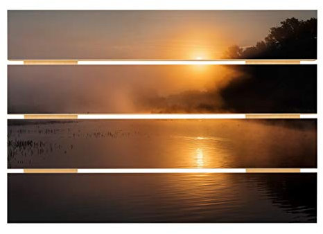 Bilderwelten Holzbild - Sonnenaufgang am See mit Rehen im Nebel - Querformat 2:3 48cm x 70cm