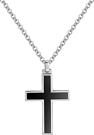 FANCIME Solide 925 Sterling Silber mit Weiß Vergoldet Kreuz Schwarz Onyx Anhänger mit Silber Kette für Herren Jungs Kinder - Kettenlänge: 60 cm