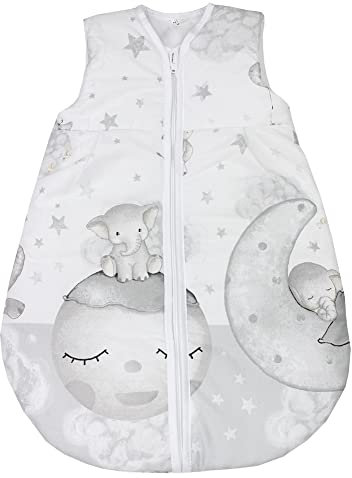 TupTam Schlafsack Baby - Wärmender Ganzjahresschlafsack 2.5 TOG, OEKO-TEX, Ärmellos, Farbe: Mond mit Elefant/Grau, Größe: 56-62