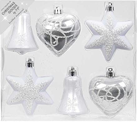 MAGIC 6 STK. Weihnachtskugeln Kunststoff 9cm Formen-Sortiment Glocke Herz und Stern Christbaumschmuck Weihnachtsdeko Weihnachtsschmuck (Just White weiß Mix)