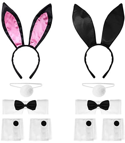 FRCOLOR Schwarze Hasenohren Cosplay Set Hasenohren Kostüm Set Hasenohren Stirnband mit Schwanz und Fliege für Halloween Cosplay Party Zubehör Party Dress Up, 2 Stück