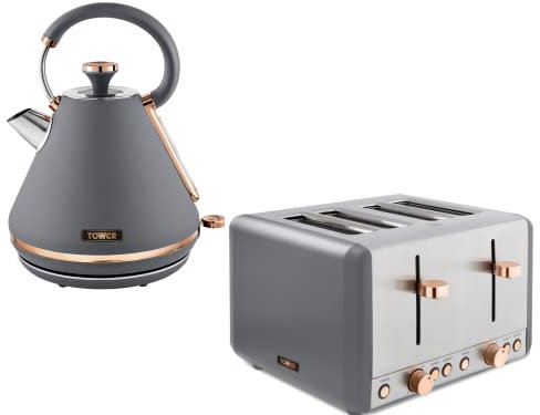 TOWER Cavaletto 3KW 1.7L Pyramid Kettle & 4 Slice 1800W Toaster Matching Set in Grey & Rose Gold