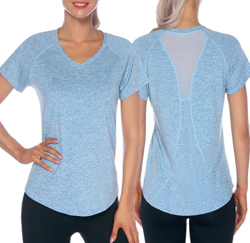 Wayleb Sport Tshirts Damen Atmungsaktiv Sportshirt Kurzarm Rundhals Fitness T-Shirt Laufshirt Schnell Trocken Funktionsshirt Back Mesh Gym Yoga Oberteile Locker, blau XXL