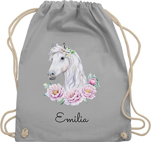 Turnbeutel Rucksack - Pferde - Pferdemotiv Pferdekopf Pferd Name - Unisize - Hellgrau - sporttasche pferderucksack mädchen geschenke für pferdefans tasche beutel wechselkleidung kindergarten
