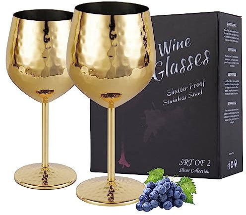IRONABLE Rotweinglas,stilvolles und elegantes Edelstahlglas,530 ml,2 Stück(Gold)