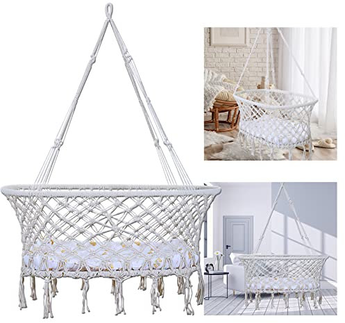 Baby Hängeschaukel, Hängewiege, Hängestuhl Aus Baumwollseil, Comfort Baby Hängesessel, Mit Romantischen Fransen, Für Drinnen/Draußen, Weiß, mit Zubehör und Matratze, 150KG