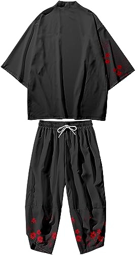 DOSLAVIDA Set kimono giapponese da uomo, elegante giacca aperta sul davanti con pantaloncini, cardigan stampato, stile cinese