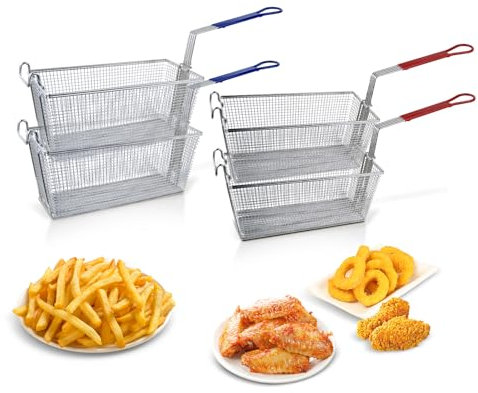 Clivia Cesta de freír comercial, 4 piezas, accesorios para freidora, antideslizante, mango largo, cesta de freidora de acero inoxidable, cesta de freír para restaurante, cocina