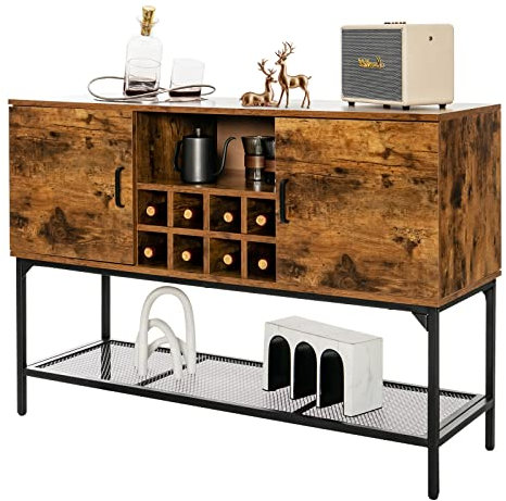 COSTWAY Aparador Industrial de Buffet con Portavino, Armario de Cocina Independiente con Estante de Rejilla, 2 Armarios con Puertas, Mesa de Consola para Comedor, Pasillo, Entrada