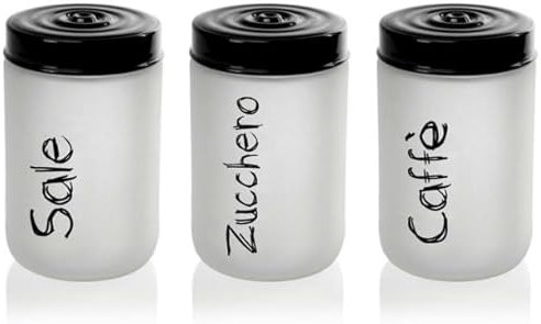 MECSAL CASALINGHI Set 3 Barattoli Contenitori, Tris Sale Zucchero Caffè, in Vetro Bianco Satinato, Decoro Stile Shabby