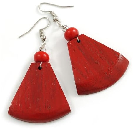 Red Coloured Painted Wood Fan Shape Drop Earrings - 55mm L